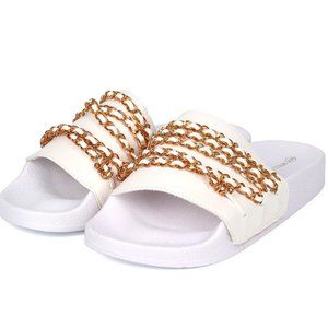 Wild Diva Vegan Leather Wrapped Chain Strappy Open Toe White Slide Sandal